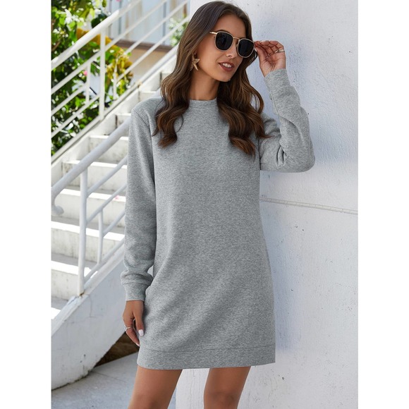 Heather gray Knit Mini Sweatshirt Dress long sleeve casual - Picture 4 of 5